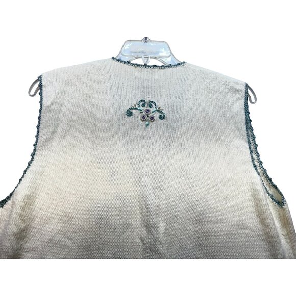 Koret Womens Embroidered Floral Vest L Ivory Green Purple Pearl Button Croquette - Picture 14 of 14